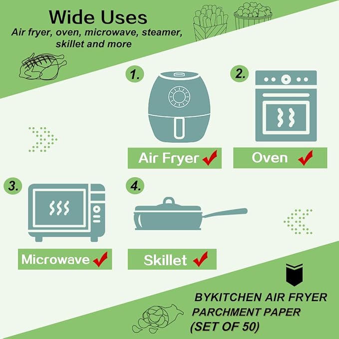 BYKITCHEN Square Air Fryer Paper Liner, 9 Inch Square Airfryer Disposable Liners, Air Fryer Accessories, Compatible with Corsori, Ninja, Gourmia and More(Set of 50)