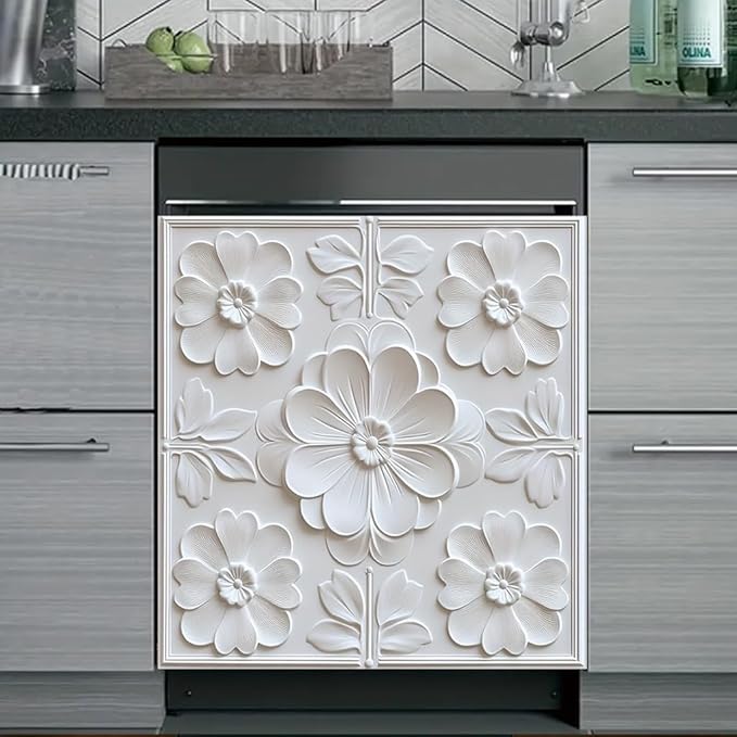 2D Flat White Floral Embossed Dishwasher Magnetic Cover 23 x 26 Inch Elegant 3DFlower Panel Magnet for Modern Kitchen Appliance Decor