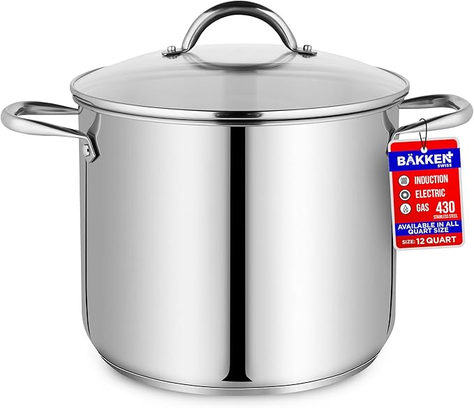 Stainless Steel Stockpot with Tempered Glass Lid 12 Quart, Durable 18/0 Stainless Steel, Impact-Bonded Base for Even Heating, Riveted Handles, Oven & All Stove Compatible, Safe Up To 500°F (260°C)