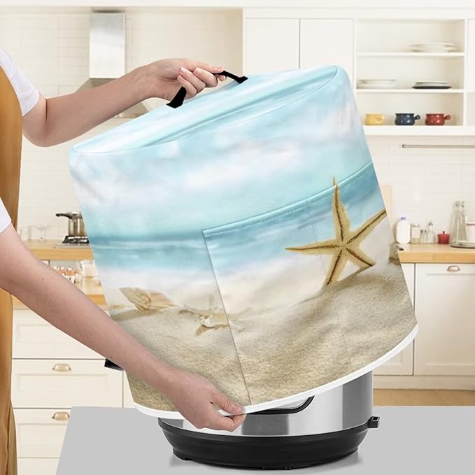 Air Fryer Dust Cover Compatible with 3 Quart, Dust Protection Insulated Kitchen Appliance Cover with Top Handle and Storage Pockets for Women Wife Gift, Beach Starfish