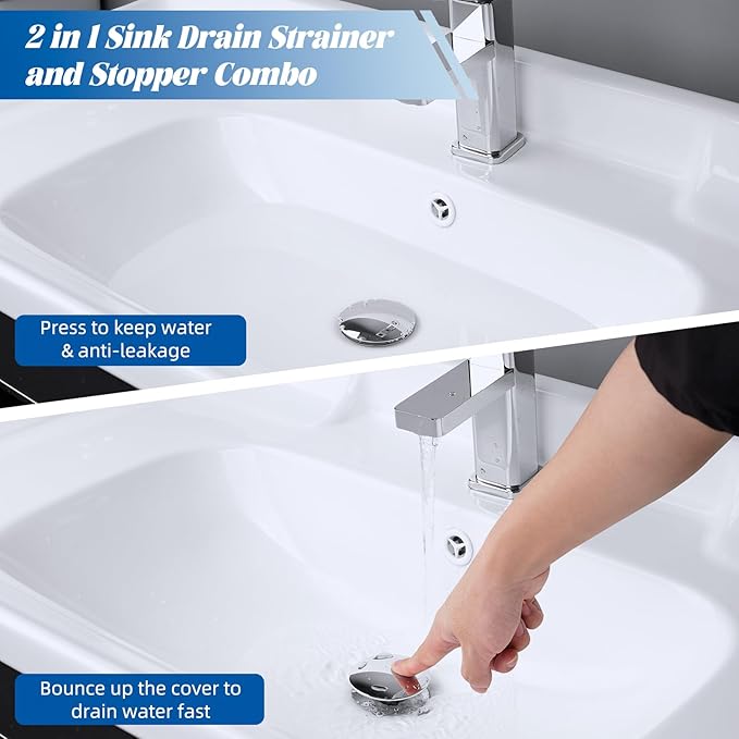 Hibbent 2 Pack All Metal Upgraded Bathroom Sink Stopper, Universal Pop Up Sink Drain Strainer, Brass Bullet Core Push Type Sink Stopper for 1.1''~2.3''' Basin, Anti Clogging Drain Filter, Chrome