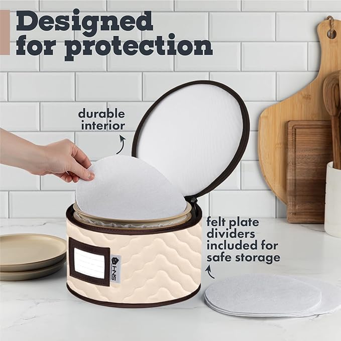 Dinner Plates Storage - Quilted Microfiber China Organizer Box with Dividers , Protects & Organizes Up to 12 Plates of 10" - Ideal for Seasonal Dishware Protection