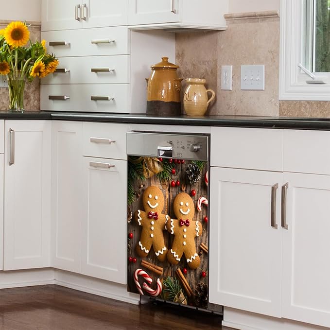 Christmas Gingerbread Men Candy Dishwasher Magnet Cover, Reusable Refrigerator Panel Stickers Microwave Front Door Covers Magnets for Kitchen Home Appliances Holiday Party Decorations 23 X 26 in