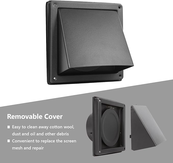 4 Inch Black Dryer Vent Cover Outside Stainless Steel Wall Vent with Removable Cover and Bird Screen Mesh RAL9011