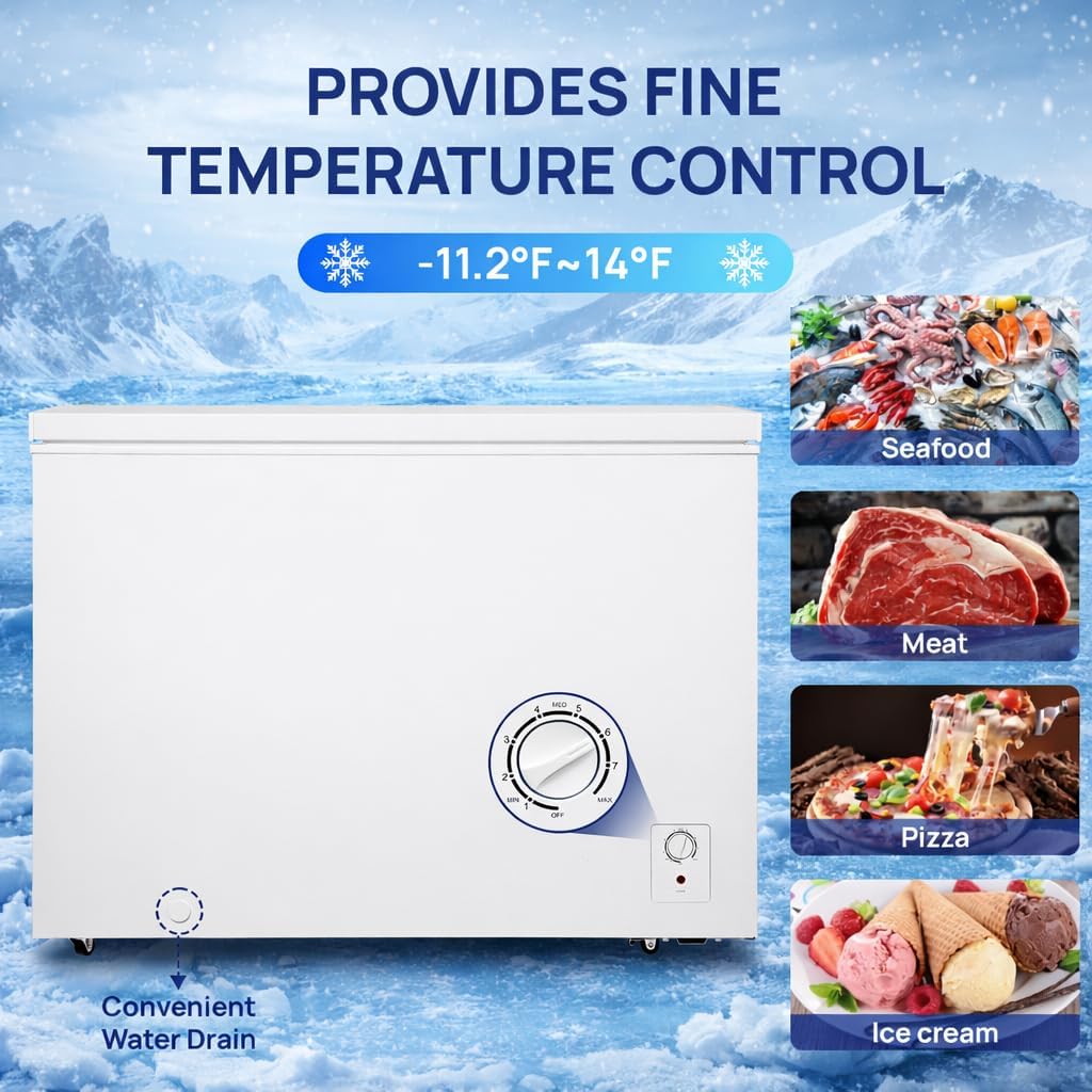 Smad 14 Cu Ft Chest Deep Freezer, Garage Freezers with 7 Level Adjustable Temperature, Top-opening Door with Removable Storage Basket, Energy Saving, Front Drain, White