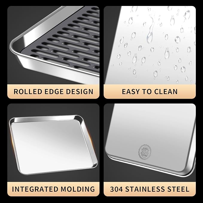 Stainless Steel Drain Tray, Cup & Dish Drying Rack, Drain Board 2 Tier Non Slip Serving Tray with Drainboard Perfect for Sink, Coffee Table, Outdoor (12.5 x 9.8 x 0.98 in)