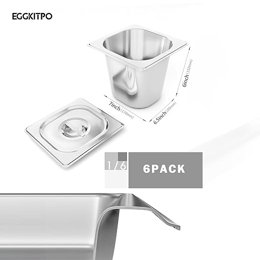 EGGKITPO1/6 Size 6 Inch Deep Stainless Steel Pans with Lid 6 Pack Steam Table Pan Commercial Hotel Pan for Salad Prep Table Metal Food Pans with Cover for Kitchen and High-Volume Restaurant Supplies
