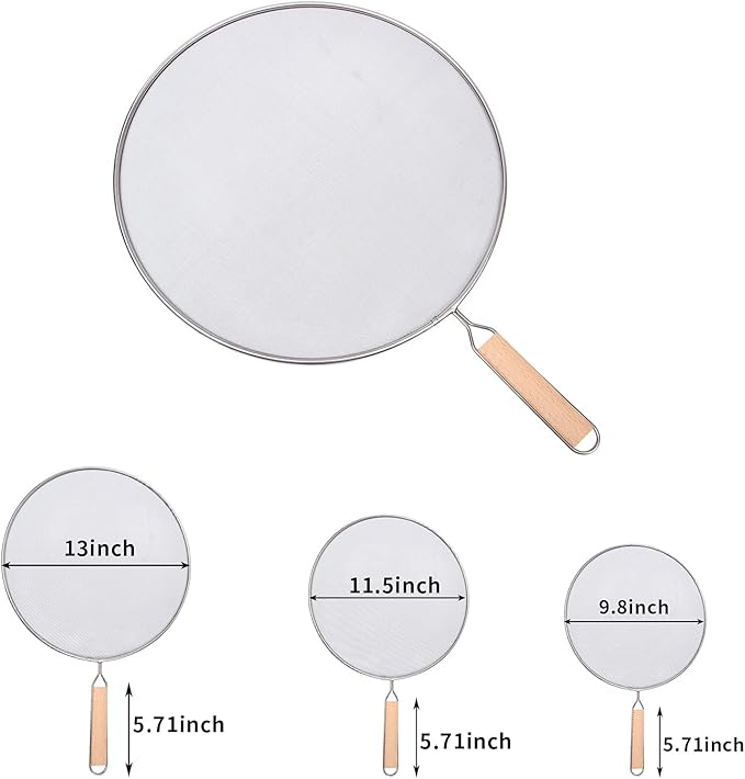 3 Pieces Grease Splatter Screen for Frying Pan, Splatter Guard Mesh Stainless Steel Grease Guard Shield for Kitchen Frying Pan Cooking Supplies Set of 9.44", 10.8" and 12.5" inch (Wood Handle)