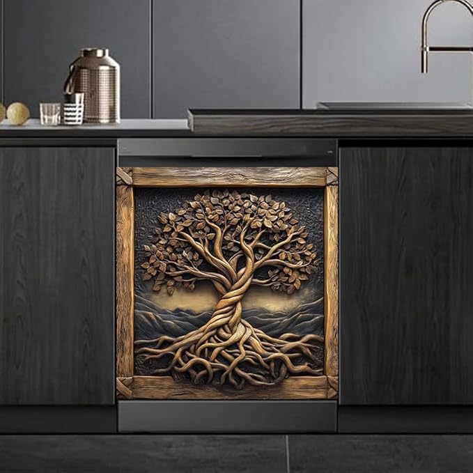 Vintage Wooden Tree of Life Magnetic Dishwasher Cover Vinyl Sticker, Farm Tree Dishwasher Magnet Cover,Rustic Fridge Barn Wood Door Cover Magnets Art Skin Panel Decal for Home Decor, 23"X26"