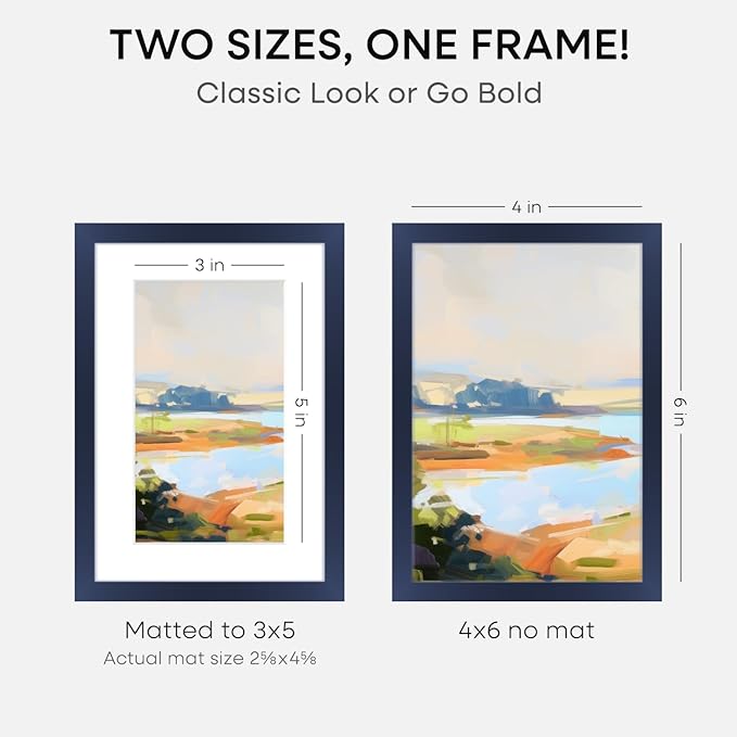 Homeforia Navy Blue 4x6 Picture Frame, High End Metal 4 x 6 Frames with Mat 3 x 5 for Print, 4by6 Desk Frame Matted to 3x5 inch Photo, 4 by 6 Wall or Tabletop Frame, Tempered Glass, Wall Kit, Set of 2