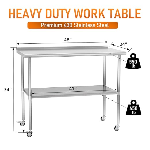 Stainless Steel Prep Table 24" X 48" with Adjustable Undershelf, Backsplash and Wheels, Commercial Metal Workstations for Kitchen, Garage, Outdoor BBQ