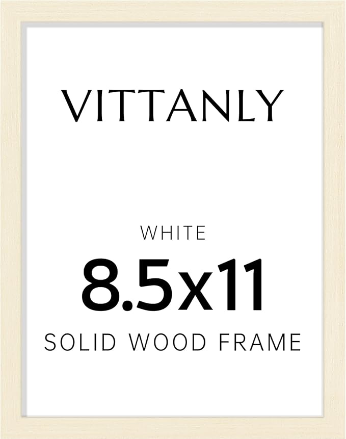 Vittanly 8.5x11 Picture Frame, Solid Wood Frame with Plexiglass, Includes 6x8 Mat, Wall Hanging or Tabletop for Photos, Home Decor, White, 1 Pack