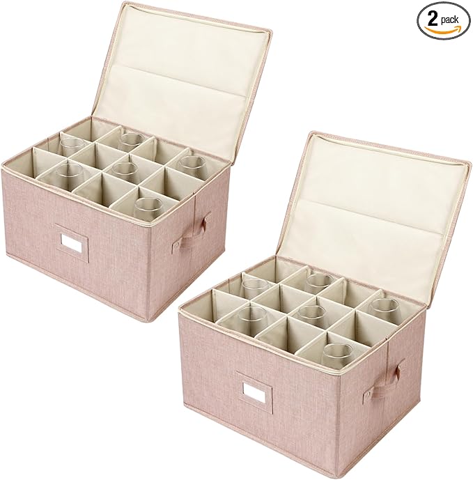 popoly Wine Glass Storage Box 2 Pack, Stemware Storage Containers Cases with Dividers, Stackable Moving Supplies for 24 Wine Glasses, Drinkware, Glassware or Crystal, (Beige)