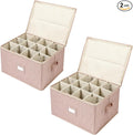 popoly Wine Glass Storage Box 2 Pack, Stemware Storage Containers Cases with Dividers, Stackable Moving Supplies for 24 Wine Glasses, Drinkware, Glassware or Crystal, (Beige)