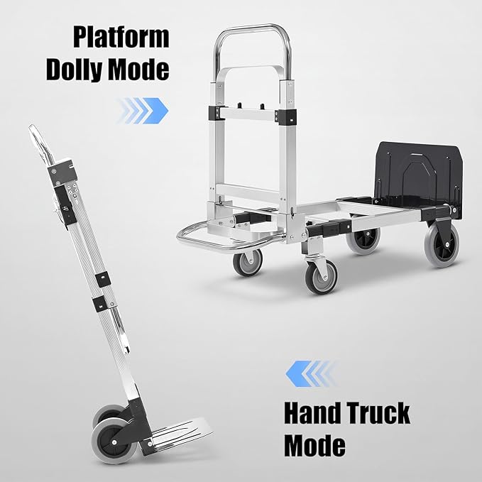 3 in 1 Folding Hand Truck Dolly Cart, Heavy-Duty Foldable and Convertible Design, Lightweight Portable Utility Cart with Rubber Wheels and Telescoping Handle for Moving, 500 lbs Capacity (Black)