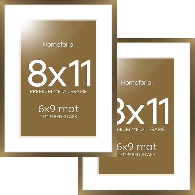 Homeforia 8x11 Picture Frame Bronze, High End Metal 8 x 11 Brass Frames with Mat 6 by 9 for Photo, 11x8 Frame Matted to 6x9 inch Print, 8by11 Wall or Tabletop Frame, Tempered Glass, Wall Kit, Set of 2
