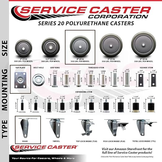 Service Caster Brand Replacement Caster for Uline Caster H-5539R-Rigid Top Plate Caster with 4 Inch Gray Polyurethane Wheel-Light Duty Replacement Caster-Fits Carts, Dollies and Poly Box Trucks H-1956