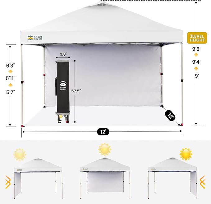CROWN SHADES 12x12 Pop Up Canopy Tent Instant Commercial with 150D Silver Coated Fabric Including 1 Removable Sidewall, 4 Ropes, 8 Stakes, Weight Bags, STO 'N Go Bag, White