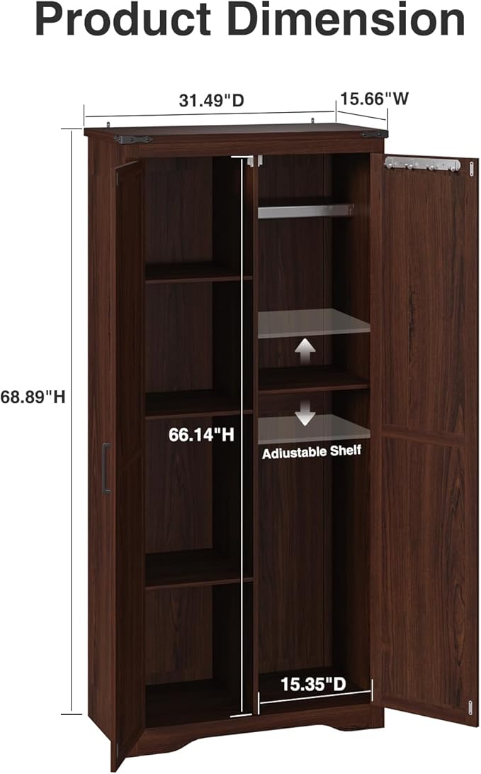 Tall Storage Cabinet with Adjustable Shelves, Farmhouse Pantry Organize with 2 Barn Doors, Large Freestanding Cabinet for Kitchen, Garage, Basement, Living, Utility Room, Brown
