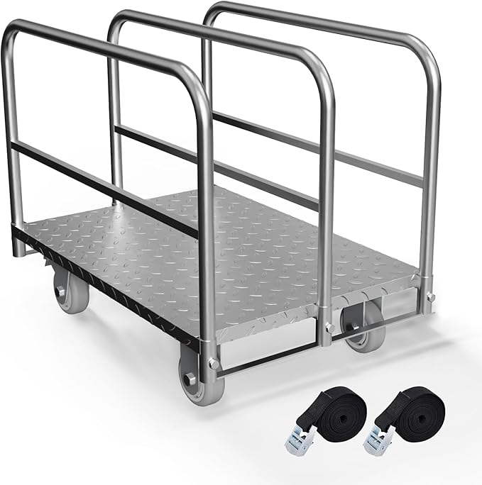Panel Cart, Heavy Duty Flatbed Cart with 5In Swivel Caster 2000LBS Weight Capacity Lumber Drywall Mattress Cart Transporting Heavy Loads with Ease and Efficiency 2PCS Straps for Platform Truck