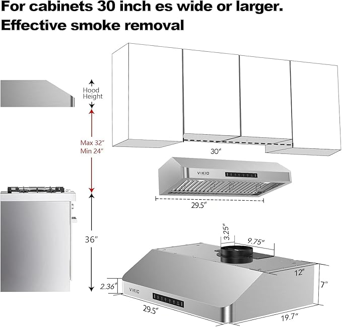 Range Hood 30 Inch Under Cabinet, Kitchen Hood with 980 CFM, 3-Speed Gesture Sensing & Touch Control Panel, Stainless Steel Vent 2 Pcs Baffle Filters with Handlebar