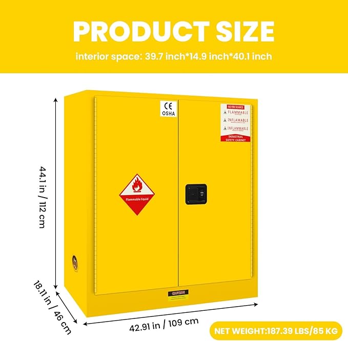Flammable Storage Cabinet 60 Gallon Yellow, Galvanized Steel Large-Capacity Hazardous Storage Cabinet, Dual Vents & 3-Point Lock for Warehouses, Industrial Use & Residential Garages