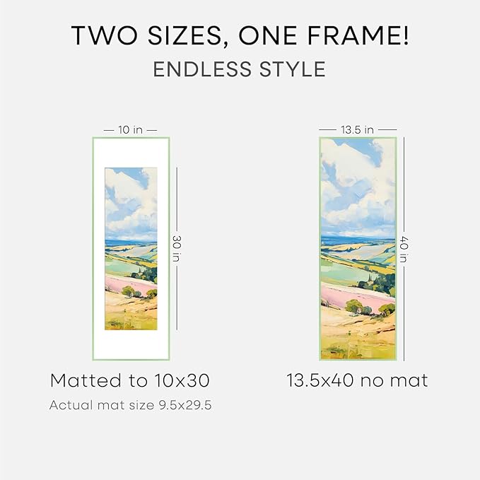 Homeforia 13.5x40 Picture Frame Sage Green, High End Metal 13.5x40 Panoramic Poster Frame with Mat 10x30 Photo, 13.5 x 40 Frame Matted to 10 x 30 Art, 40x13.5 Frame, Tempered Glass, Wall Kit, Set of 1