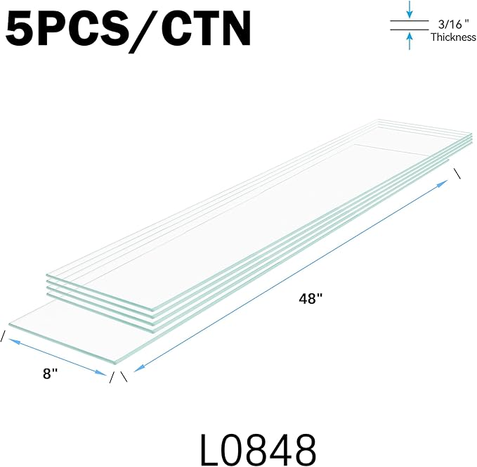 Floating Shelves - Pack of 5 Tempered Glass Shelves, 8" W x 48" L, 3/16" Thick, Polished Edges-– Rectangular Replacement Shelves for Cabinets, Display Cases & Retail Fixtures