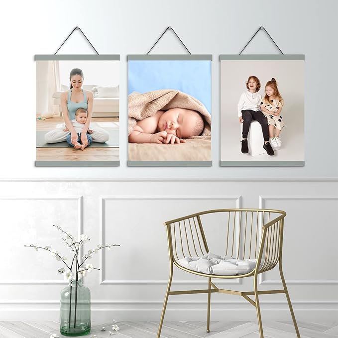 3 Pack Magnetic Poster Hanger Frame, 16x20 16x24 Poster Frames Wood Wooden Magnet Hanging Kit for Walls Print Poster Canvas Artwork Diamond Painting(16 Inch ，Gray)