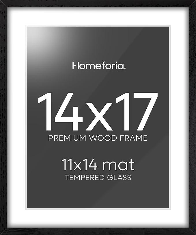 Homeforia 14x17 Picture Frame Black Wood, High End Oak 14x17 Frames with Mat 11x14 Photo, 14 x 17 Wooden Poster Frame Matted to 11 by 14 Print, 17x14 Hanging Frames, Tempered Glass, Wall Kit, Set of 1