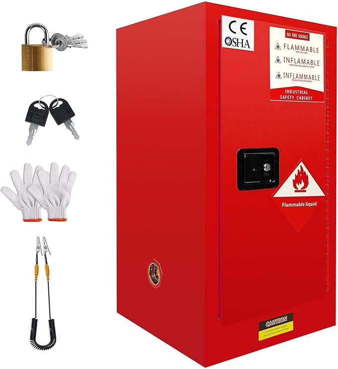 Flammable Storage Cabinet 30 Gallon Red, Galvanized Steel Professional Flammable Liquid Storage Cabinet, 3-Point Locking System & Adjustable Shelf for Manufacturing Plants, Lab & Home Garage