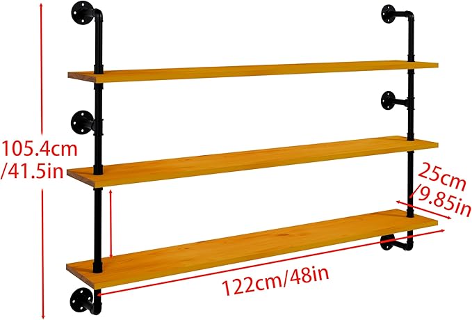 Industrial Pipe Shelving Shelf Rustic Wood Wall Shelves Industrial Floating Shelves for Wall 48 Inch Farmhouse Bookshelf Pipe Shelves Living Room Kitchen