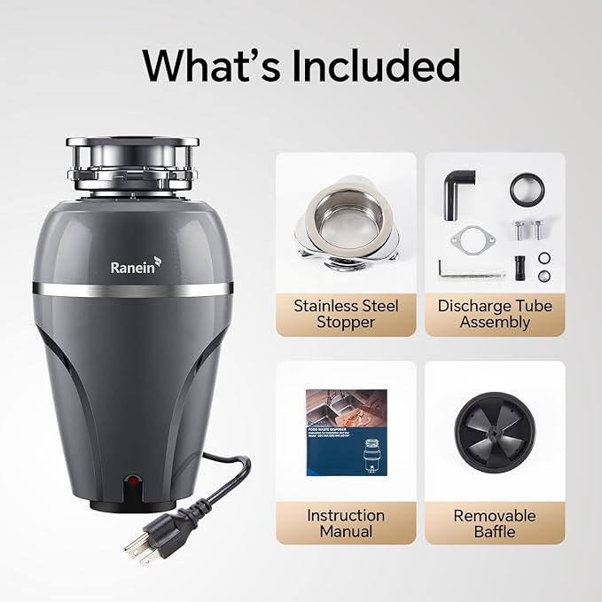 Ranein 1 HP Garbage Disposal with Power Cord & Dishwasher Connector Kit, Quiet Stainless Steel Food Waste Disposer, Continuous Feed, DeepCut Ultra 7-Stage Grinding, Easy 3-Bolt Installation