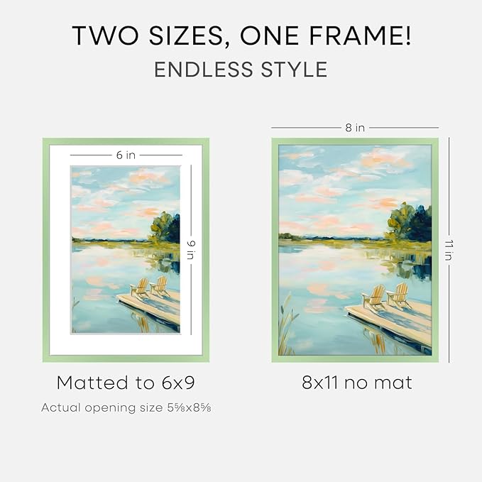 Homeforia 8x11 Picture Frame Sage Green, High End Metal 8 x 11 Poster Frames with Mat 6 by 9 Photo, 11x8 Frame Matted to 6x9 inch Art, 8by11 Wall or Tabletop Frames, Tempered Glass, Wall Kit, Set of 2