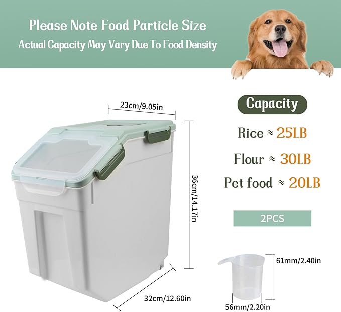Large Flour Storage Container Bin 25lb, 2Pack Airtight Rice Storage Containers with Wheels Seal Locking Lid, BPA Free with Measuring Cup&Scoop for Flour, Rice, Grain(Green)