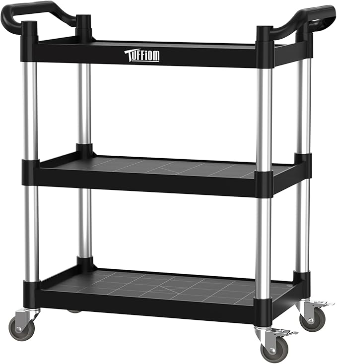 3-Tier Commercial Utility Cart with Wheels, Heavy Duty Rolling Plastic Service Cart, 390 lbs Capacity for Foodservice, Restaurant, Cleaning, Workplace (33.8'' x 16.5'' x 35.8'')