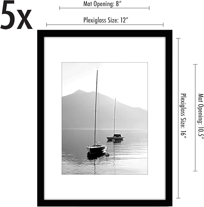 Americanflat 12x16 Picture Frame with Polished Plexiglass - Set of 5 - Use as 8.5x11 Frame with Mat or Display 12x16 Photo Without Mat - Galleria Collection - Picture Frames for Wall Display - Black