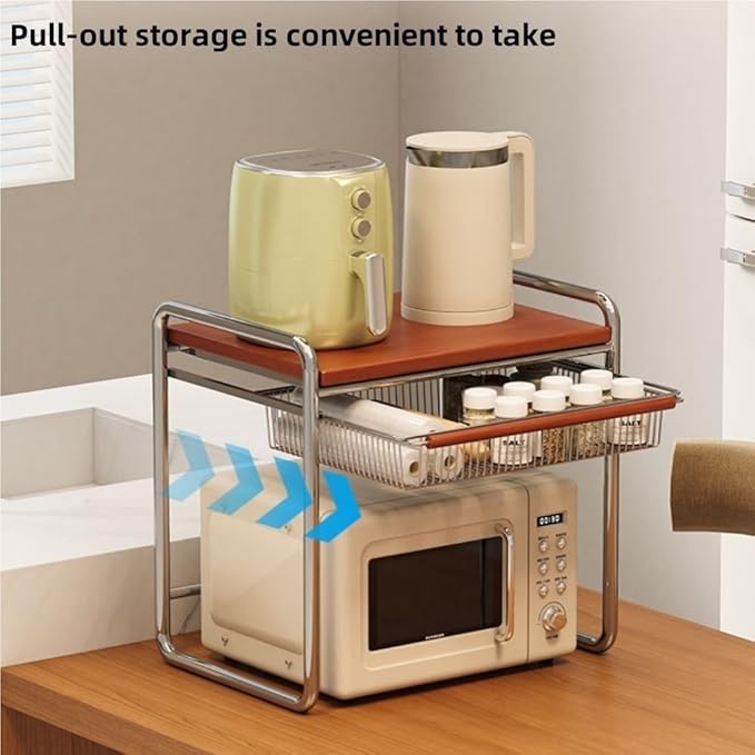 Multifunctional Microwave Stand with Storage, Solid Wood Spice Rack, Kitchen Countertop Organizer Shelf for Rice Cooker, Oven, Air Fryer and Seasoning(48cm/18.9in)