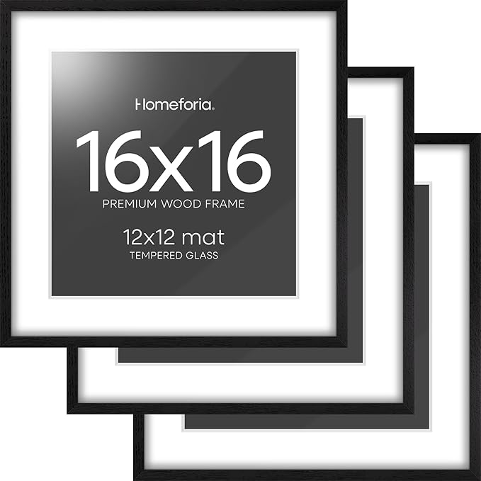 Homeforia 16x16 Black Wood Frame, High End Oak 16 x 16 Square Picture Frames with Mat 12 by 12 inches Photo, 16by16 Black Wooden Poster Frames Matted to 12x12 Print, Tempered Glass, Wall Kit, Set of 3