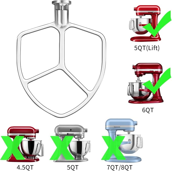 Stainless Steel Paddle Attachment Rust-Resistant Compatible with KitchenAid 5Plus -6QT Mixer, Bowl Lift Stand Mixer Attachment for Quick Kneading of Bread, Pasta, Cookies, Pizza, Etc. Dishwasher Safe