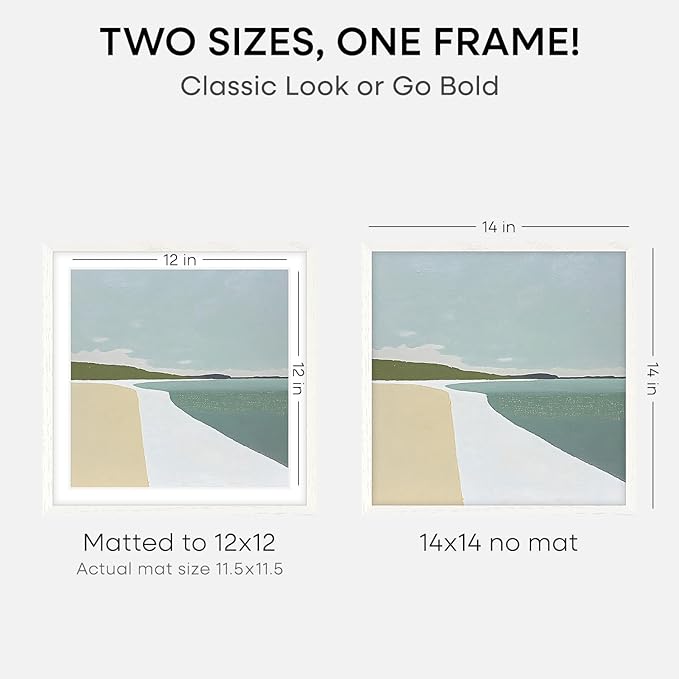 Homeforia 14x14 White Picture Frame, High End Oak 14 x 14 Square Wood Frames with Mat 12 by 12 inches Photo, 14by14 White Wooden Poster Frames Matted to 12x12 Print, Tempered Glass, Wall Kit, Set of 2