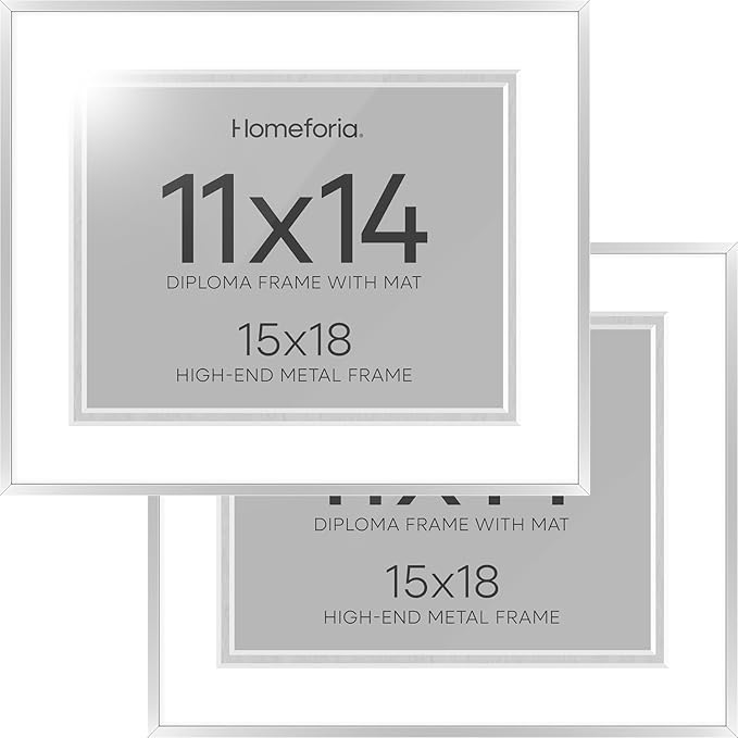 Homeforia 15x18 Diploma Frame Silver, High End Metal 15 x 18 Certificate Frame with Mat for 11 x 14, 15by18 Document Frame Matted to 11x14, Graduation Degree Frames, Tempered Glass, Wall Kit, Set of 2