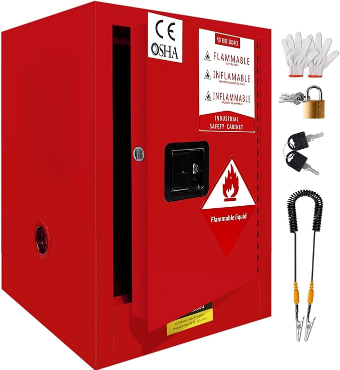 Red Flammable Storage Cabinet 16 Gallon, 18" x 18" x 23" All-Welded Steel Hazardous Cabinet, Adjustable Shelf & Manual Doors for Commercial Use, Warehouses, Lab & Industrial