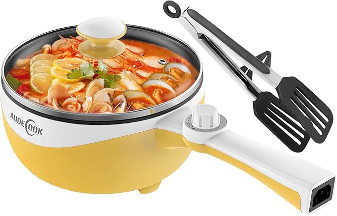 Audecook Hot Pot Electric, 1.7L Mini Electric Skillet Portable Nonstick Sauté Pan with Power Adjustment, Ramen Cooker Travel Multicooker for Steak/Soup/Egg/Oatmeal/Noodles (Tongs for Cooking Included)