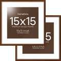 Homeforia 15x15 Picture Frame Brown, High End Dark Oak 15 x 15 Square Wood Frame with Mat 11 x 11 for Photo, 15by15 Wooden Walnut Poster Frame Matted to 11x11 Print, Tempered Glass, Wall Kit, Set of 2