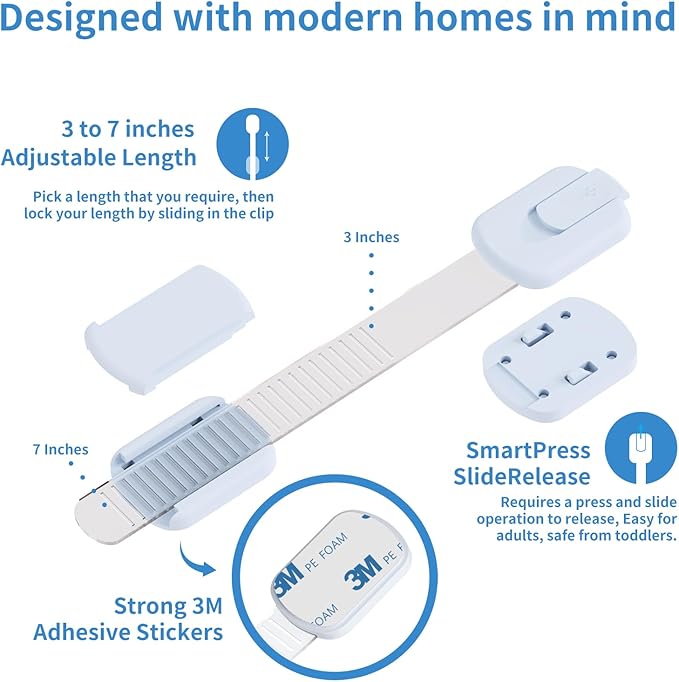 Child Safety Cabinet Locks(10 Pack)–Adjustable Baby Proofing Strap Latches for Drawers,Cupboard,Cabinets,Fridge,Toilet Seat,Door,Closet–No Drill No Tool Adhesive Installation