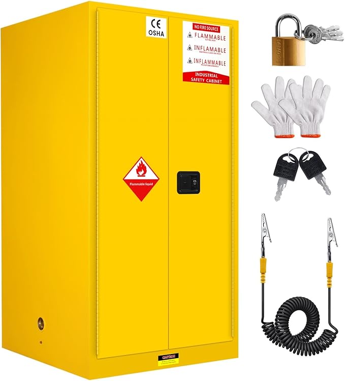 Flammable Safety Cabinet 34" x 34" x 65" Yellow, Cold-Rolled Steel OSHA Compliant Explosion Proof Cabinet, 2 Adjustable Shelves & Vent Design for Commercial Warehouses, Lab & Industrial Facilities