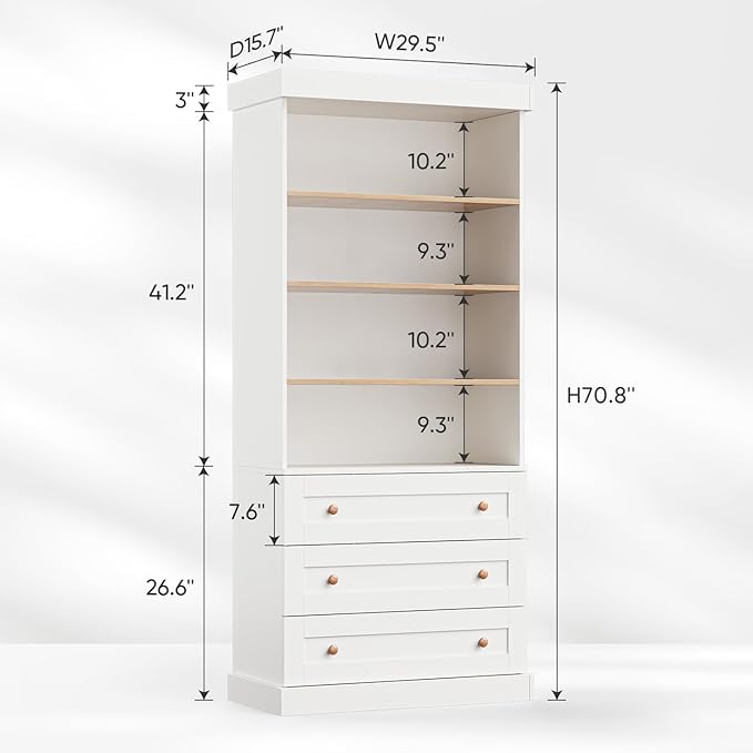 Vyre 71" Tall Farmhouse Kitchen Pantry, Large Storage Cabinet with Adjustable Shelves, 3 Drawer, Wood Versatile Hutch Cabinet for Living Room, Dining Room
