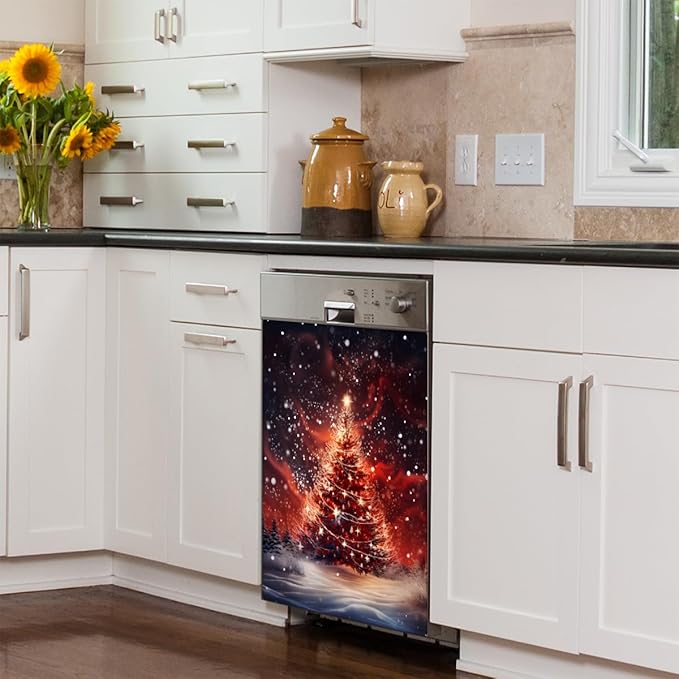 Glitter Christmas Tree Dishwasher Magnet Cover, 23" W x 26" H Fridge Magnetic Stickers Reuseable Magnet Panel Decal Cover for Washing Machine Fridge Microwave Cabinet Kitchen Christmas Decoration