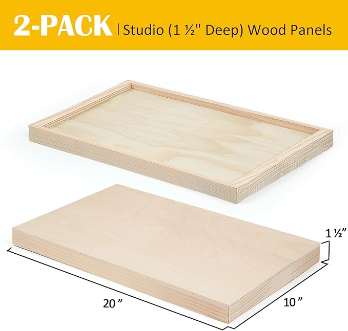 Falling in Art 2 Pack Unfinished Wooden Canvas Panels, 10x20 Gallery Birch Wood Panels Kit, 1 1/2" Deep Art Cradle Boards for Acrylic Painting, Pouring and Burning